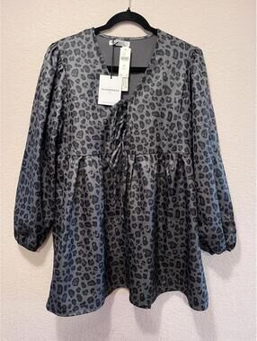 Glamorous Petite Gray Leopard Print Tie Front Babydoll Dress NWT M